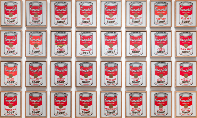 Andy Warhol. Campbell’s Soup Cans. 1962. Synthetic polymer paint on thirty-two canvases, each canvas: 20 x 16" (50.8 x 40.6 cm). The Museum of Modern Art, New York. Partial gift of Irving Blum. Additional funding provided by Nelson A. Rockefeller Bequest, gift of Mr. and Mrs. William A. M. Burden, Abby Aldrich Rockefeller Fund, gift of Nina and Gordon Bunshaft in honor of Henry Moore, Lillie P. Bliss Bequest, Philip Johnson Fund, Frances R. Keech Bequest, gift of Mrs. Bliss Parkinson, and Florence B. Wesley Bequest (all by exchange), 1996. ©2015 Andy Warhol Foundation/ARS, NY/TM Licensed by Campbell's Soup Co. All rights reserved