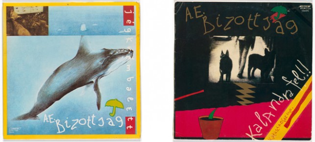 Left: Andras Wahorn. Album cover for A.E. Bizottság, Jégkrémbalett. 1984. Lithograph, 12 3/8 × 12 3/8" (31.4 × 31.4 cm); Right: Andras Wahorn. Album cover for A.E. Bizottság, Kalandra Fel! 1983. Lithograph, 12 3/8 × 12 3/8" (31.4 × 31.4 cm). Photos: John Wronn