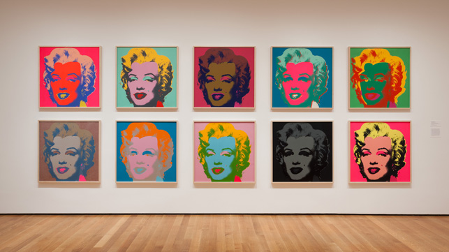 Installation view of Andy Warhol: Campbell's Soup Cans and Other Works, 1953–1967 at The Museum of Modern Art, April 25–October 12, 2015. Photo: Jonathan Muzikar. © 2015 The Museum of Modern Art, New York. Shown:  Andy Warhol. Marilyn Monroe. 1967. Portfolio of 10 screenprints, each composition and sheet: 36 x 36″ (91.5 x 91.5 cm). The Museum of Modern Art. Publisher: Factory Additions, New York. Printer: Aetna Silkscreen Products Inc., New York. Edition: 250. The Museum of Modern Art, New York. Gift of Mr. David Whitney, 1968. © 2015 Andy Warhol Foundation for the Visual Arts/Artists Rights Society (ARS), New York