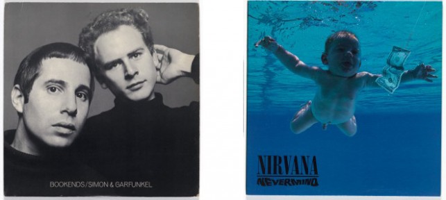 Left: Richard Avedon. Album cover for Simon & Garfunkel, Bookends. 1968. Lithograph, 12 3/8 × 12 1/2″ (31.4 × 31.8 cm). Photo: John Wronn; Right: Robert Fisher and Kirk Weddle. Album cover for Nirvana, Nevermind. 1991. Lithograph, 12 3/8 × 12 3/8" (31.4 × 31.4 cm)