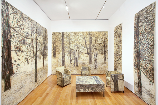 Gilbert & George. The Tuileries. 1974. Charcoal on paper, and charcoal on paper mounted on wood, eight parts. Overall dimensions variable. The Museum of Modern Art, New York. Gift of Art & Project/Depot VBVR in honor of Christophe Cherix, 2009. 2015 Gilbert & George. Photo: Jason Mandella