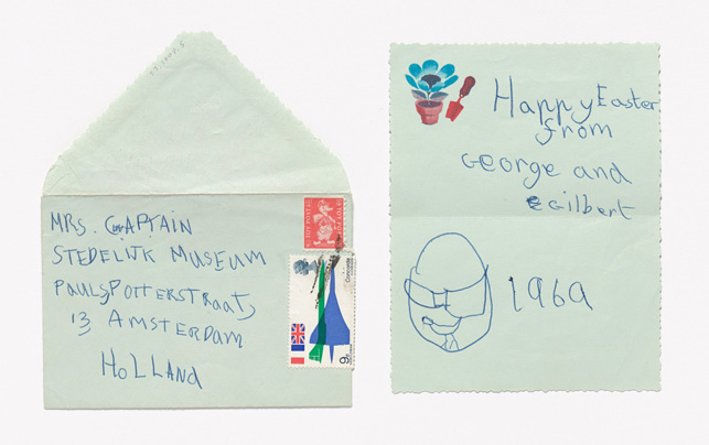 Gilbert & George. The Easter Cards. 1969. Postal Sculpture, lithograph with ballpoint pen additions and envelope. The Museum of Modern Art Library, New York. Franklin Furnace Collection