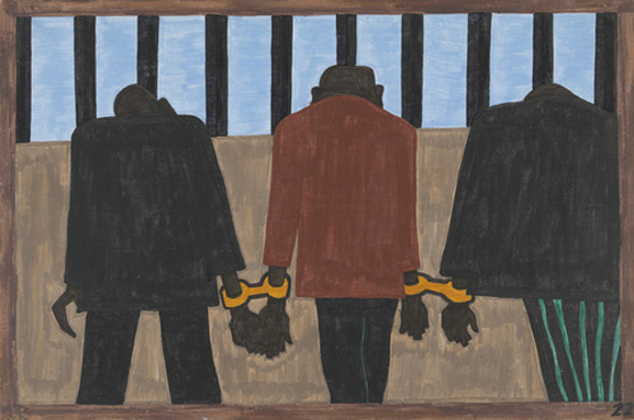  Jacob Lawrence. The Migration Series. 1940-41. Panel 22: “Another of the social causes of the migrants’ leaving was that at times they did not feel safe, or it was not the best thing to be found on the streets late at night. They were arrested on the slightest provocation.” Casein tempera on hardboard, 18 x 12″ (45.7 x 30.5 cm). The Museum of Modern Art, New York. Gift of Mrs. David M. Levy. © 2015 The Jacob and Gwendolyn Knight Lawrence Foundation, Seattle / Artists Rights Society (ARS), New York. Digital image © The Museum of Modern Art/Licensed by SCALA / Art Resource, NY