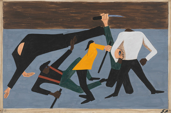  Jacob Lawrence. The Migration Series. 1940-41. Panel 52: “One of the largest race riots occurred in East St. Louis.” 1941. Casein tempera on hardboard, 18 x 12″ (45.7 x 30.5 cm). The Museum of Modern Art, New York. Gift of Mrs. David M. Levy. © 2015 The Jacob and Gwendolyn Knight Lawrence Foundation, Seattle / Artists Rights Society (ARS), New York. Digital image © The Museum of Modern Art/Licensed by SCALA / Art Resource, NY