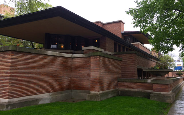 Frank Lloyd Wright. Exterior View of Frederick C. Robie House, Chicago, Illinois. Completed 1910.  Photo: Jessie Parsons