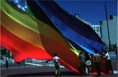 The Original 8-color Rainbow Flag, San Francisco United Nations Plaza, June 25, 1978. Photo: James McNamara. Courtesy of the artist
