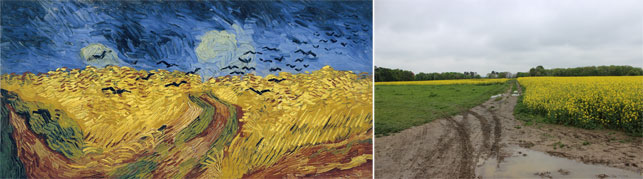 From left: Vincent van Gogh.  Wheatfield with Crows. Auvers-sur-Oise, July 1890. Oil on canvas, 50.5 x 103 cm. Van Gogh Museum, Amsterdam (Vincent van Gogh Foundation); The field where Van Gogh painted Wheatfield with Crows. Photo by Alex Roediger
