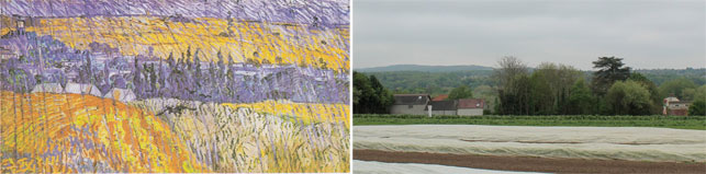 From left: Vincent van Gogh. Rain–Auvers. 1890. Oil on canvas, 50.3 x 100.2 cm. Amgueddfa Cymru–National Museum of Wales, Cardiff Gwendoline Davies Bequest, 1952; The view today. Photo by Alex Roediger