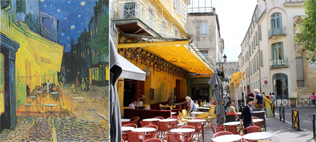 From left: Vincent van Gogh. Terrace of a Café at Night (Place du Forum). c. September 1888. Oil on canvas, 80.7 x 65.3 cm. Kröller-Müller Museum; Café Nuit, Arles. Photo by Alex Roediger