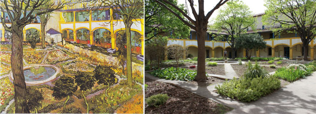 From left: Vincent van Gogh. Garden of the Hospital in Arles. 1889. 28.7 in × 36.2" (73.0 cm × 92.0 cm). The Oskar Reinhart Collection "Am Römerholz," Winterthur, Switzerland; The garden at the former hospital as it appears today. Photo by Alex Roediger