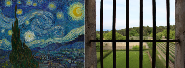 From left: Vincent van Gogh. The Starry Night. Saint Rémy, June 1889. Oil on canvas, 29 x 36 1/4" (73.7 x 92.1 cm). Acquired through the Lillie P. Bliss Bequest; The view from Saint-Paul’s asylum that inspired The Starry Night. Photo by Alex Roediger