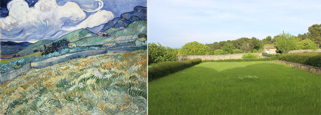 From left: Vincent van Gogh. Landscape from Saint-Rémy. Saint-Rémy: June, 1889. Oil on canvas, 70.5 x 88.5 cm. Ny Carlsberg Glyptotek, Copenhagen; View from the asylum yard, where Wheatfield Under Thunderclouds was painted. Photo by Alex Roediger