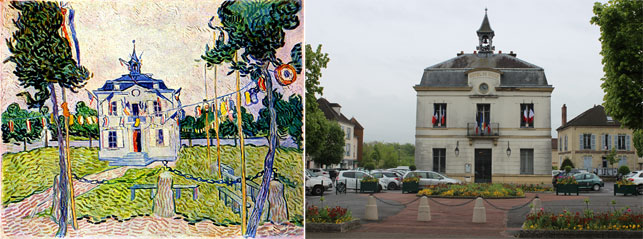 From left: Vincent van Gogh. The Town Hall at Auvers . July 1890. Oil on canvas, 21 × 41" (53 × 103 cm). Collection of Mr. and Mrs. Leigh B. Block; The town hall building today. Photo by Alex Roediger