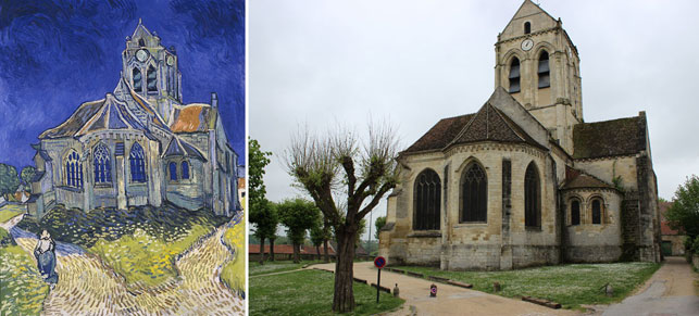 From left: Vincent van Gogh.  The Church in Auvers-sur-Oise, View from the Chevet. June 1890. Oil on canvas, 94 x 74 cm. © RMN-Grand Palais (Musée d'Orsay)/Hervé Lewandowski; Notre-Dame d' Auvers today. Photo by Alex Roediger