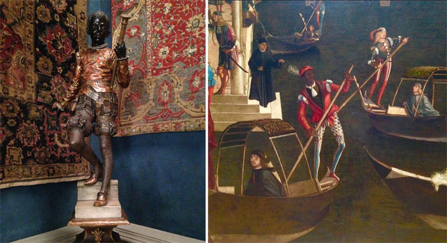 From left: A blackamoor sculpture at the Museo Stefano Bardini, Florence; Vittore Carpaccio. Miracle of the Relic of the Cross at the Ponte di Rialto (detail). c. 1496. Tempera on canvas. Gallerie dell’Accademia, Venice. Photos by Zalika Azim, 2015