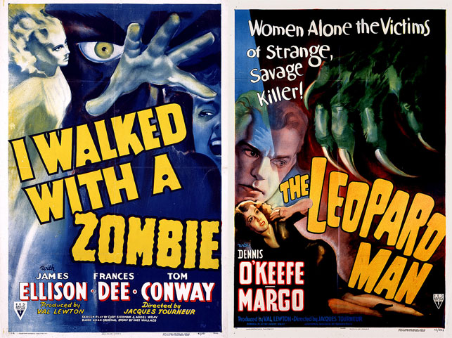 From left: one-sheet poster for I Walked With a Zombie. 1943. USA. Directed by Jacques Tourneur; Unknown designer. One-sheet poster for The Leopard Man. 1943. USA. Directed by Jacques Tourneur. Images courtesy Sikelia Productions