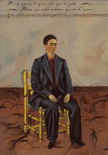 Frida Kahlo. Self-Portrait with Cropped Hair. 1940. Oil on canvas, 15 3/4 x 11" (40 x 27.9 cm). Gift of Edgar Kaufmann, Jr. © 2015 Frida Kahlo/Artists Rights Society (ARS), New York/SOMAAP, Mexico 