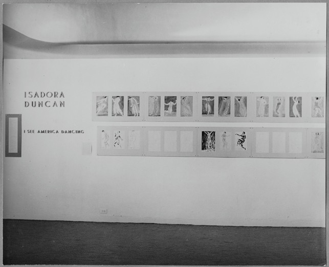 Photograph: Exhibitions organized by the Dance Archives [WSL, IV.2]  The photographs show Ballet History, Art and Practice (the first exhibition of the Dance Archives), March and April, 1940; Isadora Duncan: Drawings, Photographs, Memorabilia, October 21, 1941, to January 10, 1942; and Dancers in Movement: Photographs by Gjon Mili, January 13 to April 9, 1942.
