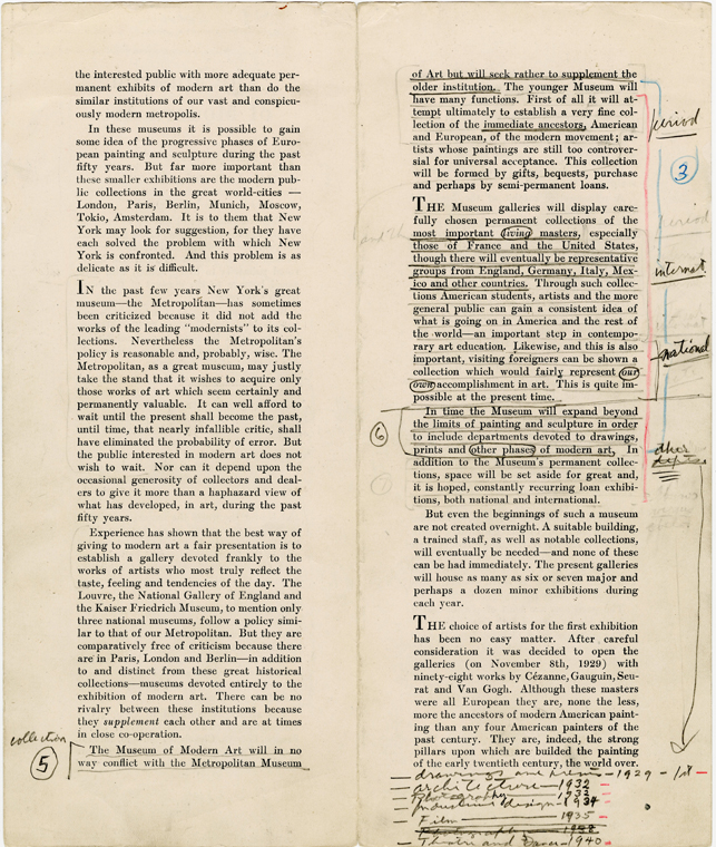 The Museum of Modern Art, October 1929 [Alfred H. Barr, Jr. Papers, 9a.1A.]: This copy of the first brochure produced by the Museum was retrospectively annotated by founding director Alfred H. Barr, Jr., to list the departments of "other phases of modern art" that were subsequently formed at the museum. The Department of Theatre and Dance is listed at the bottom.