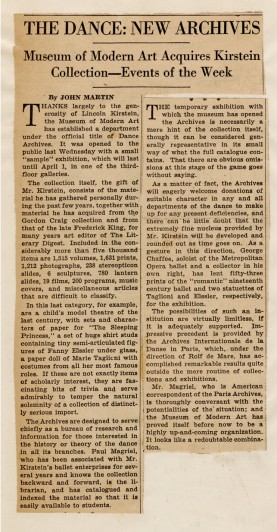 Clipping: "The Dance: New Archives: Museum of Modern Art Acquires Kirstein Collection—Events of the Week," New York Times, March 10, 1940, and "American Dance Archives Born," Dance Magazine, March 1940 [Dance Archives, II.20]