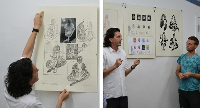 Left: McGinness shows his drawings for the series Mother and Child; right: McGinness and  Hougentalk about the printing process