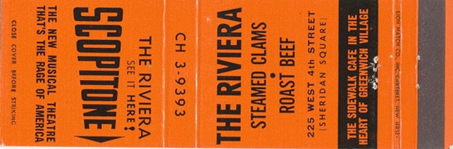 Matchbook advertising the Scopitone at the Riviera in Greenwich Village. Image courtesy ScopitoneArchive.com