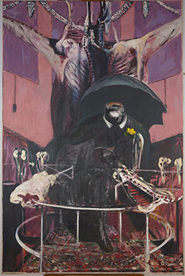 Pre-treatment image of Francis Bacon's Painting. 1946. Oil and pastel on linen, 6' 5 7/8" x 52" (197.8 x 132.1 cm). Purchase. © 2015 Estate of Francis Bacon/Artists Rights Society (ARS), New York/DACS, London. Photo: The Museum of Modern Art, Department of Conservation