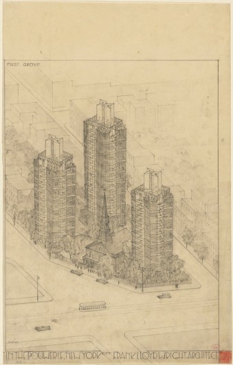 Frank Lloyd Wright. St. Mark’s-in-the-Bouwerie Towers, New York. 1927–31. Aerial perspective. Graphite and colored pencil on tracing paper