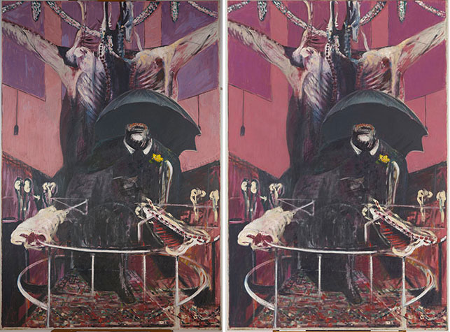 Francis Bacon. Painting. 1946. Oil and pastel on linen, 6' 5 7/8" x 52" (197.8 x 132.1 cm). Purchase. © 2015 Estate of Francis Bacon/Artists Rights Society (ARS), New York/DACS, London. From left: a photograph of the painting from May 2015; digital restoration of the painting’s appearance prior to light-induced fading