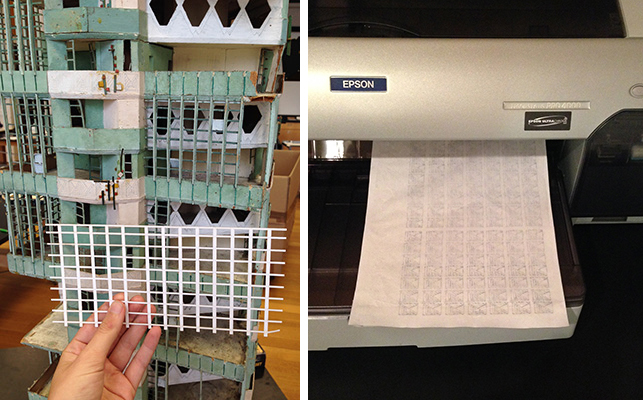 Left: Laser-cut window mullions, before toning; Right: Printing exterior designs onto mulberry paper