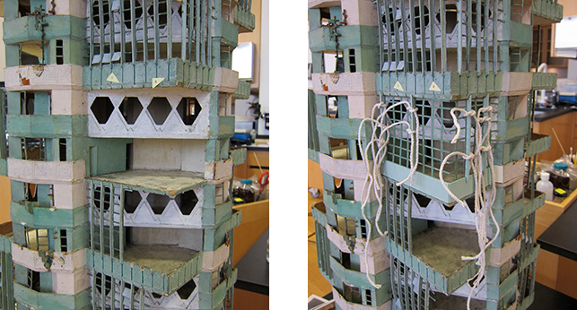 Left: Apartment unit with missing exterior; Right: New exterior applied with string clamps
