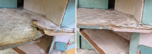 Left: Damaged paperboard floor; Right: After humidification/reshaping treatment