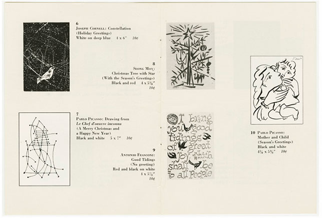 Page spread from the 1954 Christmas card sales brochure, "The Museum of Modern Art Christmas Cards," showing two of the first five cards commissioned by the Museum: Seong Moy's Christmas Tree with Star and Antonio Frasconi's Good Tidings