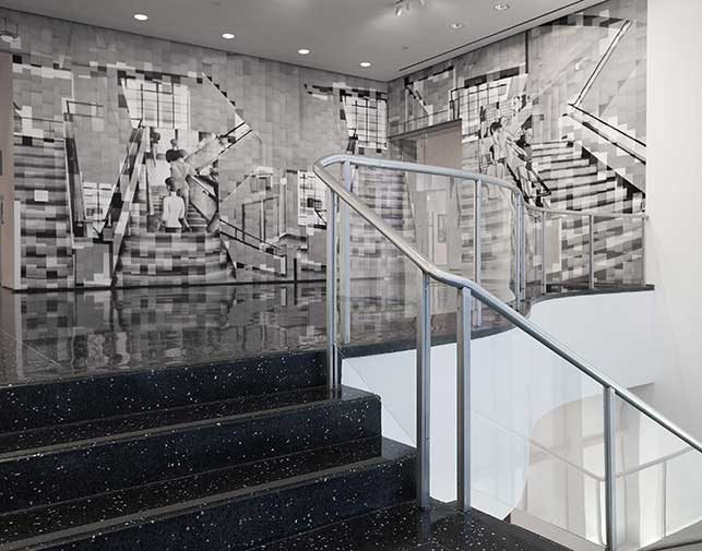 Katharina Gaenssler (German, b. 1974). Bauhaus Staircase. 2015. Photocopies and wallpaper paste, 12' 5" × 32" (378.5 × 975.4 cm). Installation view of Ocean of Images: New Photography 2015. The Museum of Modern Art, New York, November 7, 2015–March 20, 2016. © 2016 The Museum of Modern Art. Photo: Thomas Griesel