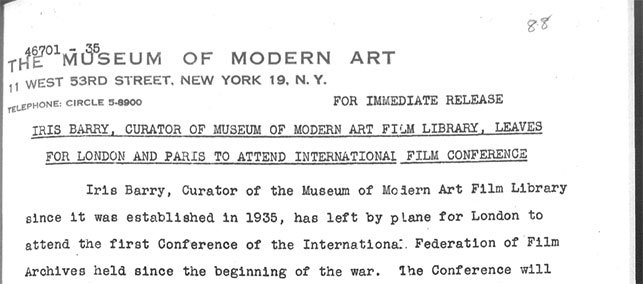 The 1946 press release announcing Iris Barry's trip to the FIAF conference