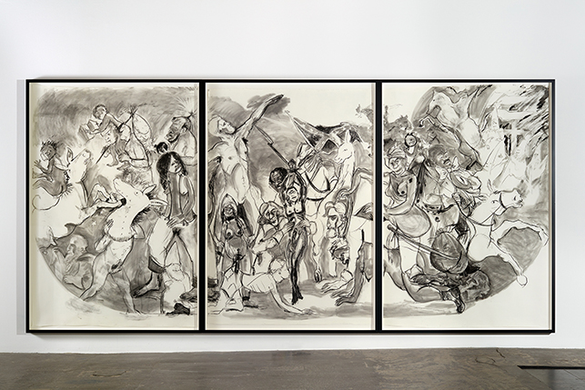 Kara Walker. 40 Acres of Mules. 2015. Charcoal on three sheets of paper, each approximately: 104 x 72" (264.2 x 182.9 cm). The Museum of Modern Art, New York. Acquired through the generosity of Candace King Weir, Agnes Gund, and Jerry I. Speyer and Katherine Farley. © 2016 Kara Walker. Photo courtesy the artist and Victoria Miro Gallery, London