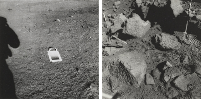 Left: Untitled photograph from the Apollo 12 mission. November 1969. Gelatin silver print. The Museum of Modern Art, New York. Gift of Susan and Peter MacGill; right: Untitled photograph from the Apollo 15 mission. July 1971. Gelatin silver print. The Museum of Modern Art, New York. Gift of Susan and Peter MacGill
