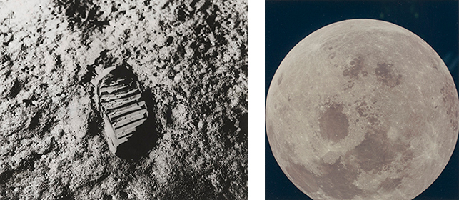 Left: "View of Astronaut Footprint in Lunar Soil." July 1969. Gelatin silver print. The Museum of Modern Art, New York. The New York Times Collection; right: Untitled photograph from the Apollo 11 mission. July 1969. Chromogenic color print. The Museum of Modern Art, New York. Gift of Susan and Peter MacGill