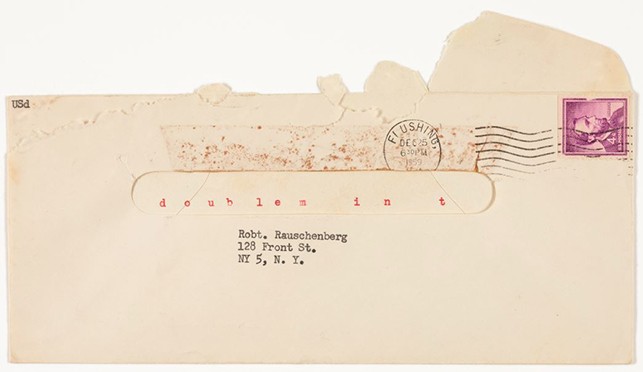 "doub lem in t" envelope sent to Robert Rauschenberg from Ray Johnson. Postmarked December 25, 1959. Die cut stamped envelope and typewritten in black and red ink. Ray Johnson Correspondence to Robert Rauschenberg, 12. The Museum of Modern Art Archives, New York