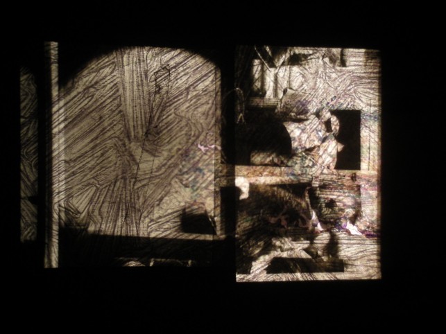 Raha Raissnia. Animism. 2013. 16mm film, 35mm slides, and painting overlaid. Courtesy the artist and Miguel Abreu Gallery, New York