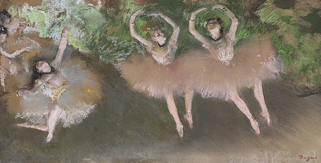 Edgar Degas. Ballet Scene (Scène de ballet). c. 1879. Pastel over monotype on paper, plate: 8 x 16" (20.3 x 40.6 cm). William I. Koch Collection