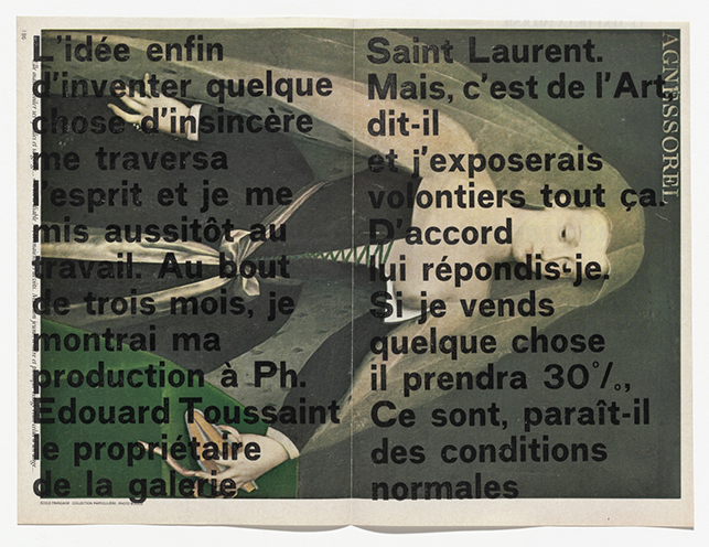 Invitation to Moi aussi, je me suis demandé si je ne pouvais pas vendre quelque chose et réussir dans la vie . . . , (I, too, wondered whether I couldn’t sell something . . .), Galerie Saint Laurent, Brussels, April 10–25, 1964. Letterpress on magazine page. Printer: Henri Kumps, Brussels. Edition: unknown. The Museum of Modern Art, New York. Committee on Prints and Illustrated Books Fund. © 2016 Estate of Marcel Broodthaers/Artists Rights Society (ARS), New York/SABAM, Brussels. Photo: Peter Butler