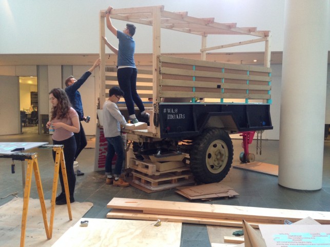 Beginning construction on the newly assembled trailer. (Photo by Kaitlyn Stubbs)