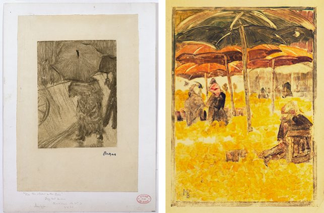 Left: Edgar Degas. On the Street in the Rain. c. 1876–77. Monotype on paper, sheet: 10 7/16 x 7 1/16" (26.5 x 17.9 cm). Private collection. Courtesy Nicholas Stogdon; Right: Maurice Prendergast. Orange Market. 1900. Monotype with pencil additions, sheet: 15 11/16 x 11" (39.9 x 28.0 cm). The Museum of Modern Art, New York. Abby Aldrich Rockefeller Fund, 1945