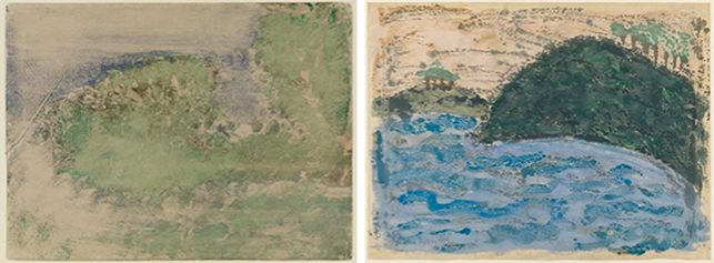 Left: Edgar Degas. Le Cap Ferrat. 1892. Monotype in oil on paper, sheet: 11 11/16 × 15 11/16" (29.7 × 39.9 cm), Staatliche Kunsthalle, Karlsruhe; Right: Milton Avery. Reflections. 1954. Monotype, sheet: 17 11/16 x 23 15/16" (44.9 x 60.8 cm). The Museum of Modern Art, New York. Purchase, 1976