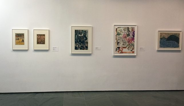 Monotypes on view on the second floor (from left to right): Maurice Prendergast. Orange Market. 1900; Maurice Prendergast. The Rehearsal. 1900; Georges Rouault. Clown with Monkey. 1910; Elizabeth Peyton. Lichtenstein, Flowers, Parsifal. 2011; Milton Avery. Reflections. 1954