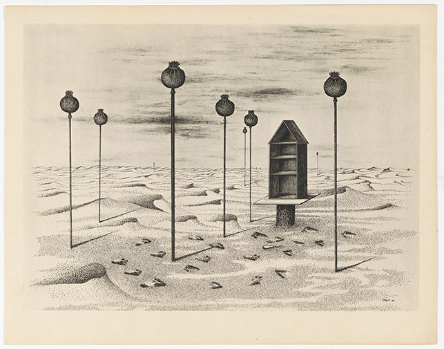 Toyen. Cache-toi, guerre! Cycle de neuf dessins (Hide Yourself, War! Cycle of Nine Drawings). 1947. Portfolio of nine photogravures. The Museum of Modern Art Library. Photo: John Wronn