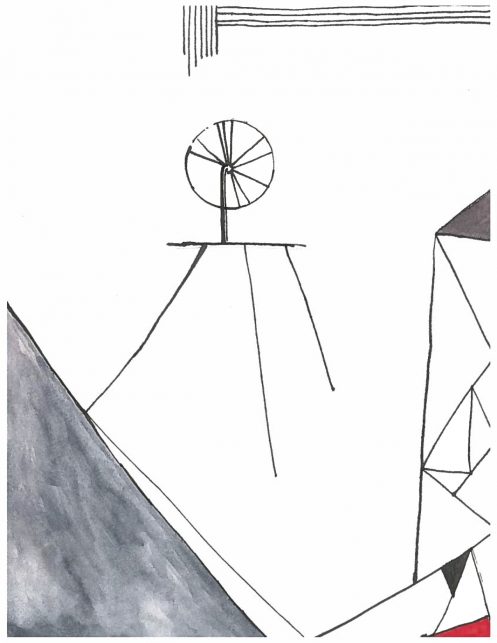 A drawing by Jo-Anne, inspired by both Dadaglobe as well as Duchamp's "Bicycle Wheel" 