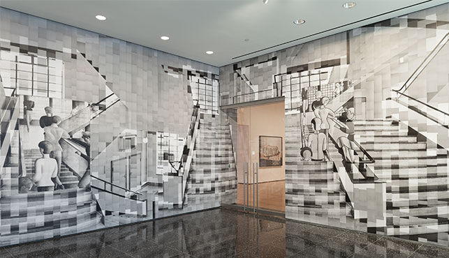 Katharina Gaenssler. Bauhaus Staircase. 2015. Photocopies and wallpaper paste, 12' 5" × 32" (378.5 × 975.4 cm). Installation view, Ocean of Images: New Photography 2015, The Museum of Modern Art, November 7, 2015–March 20, 2016. © 2016 The Museum of Modern Art. Photo: Thomas Griesel