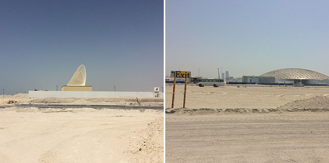 From left: Zayed National Museum construction site, Saadiyat Island, Abu Dhabi; Louvre Abu Dhabi site, Saadiyat Island. Photos: Marily Konstantinopoulou